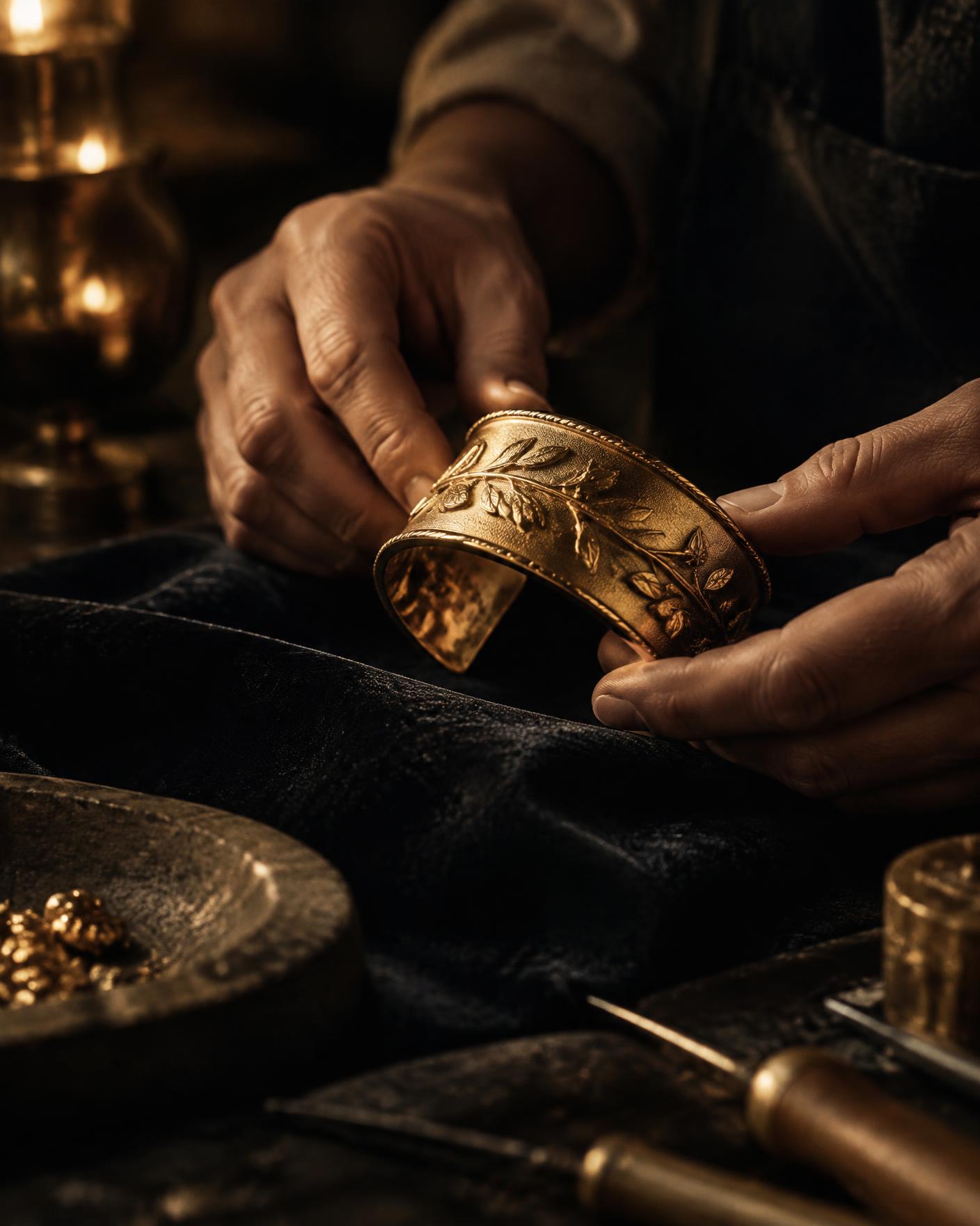 A goldsmith adjusting a cuff by candlelight